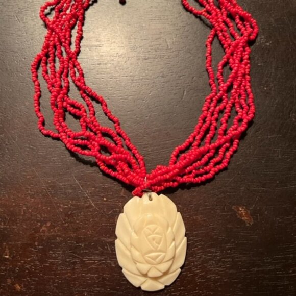Vintage Red Beaded Necklace with Hand Carved White Pendant - Picture 2 of 5